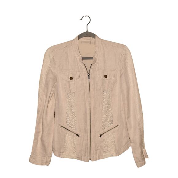 CHICO'S $129 Beige Linen Blend Lace Inset Zip Jacket Chico's 0 / US Small - Picture 1 of 4